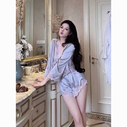 Njskakw sexy ice silben satin pyjamas für Frauen im Sommer 2025 Neue reine Spitze langärmlige Shorts Home Clothing Set Sommerstil 829# HAUSPERS S Empfohlen 80-90jin [Jin gleich 0,5 kg]