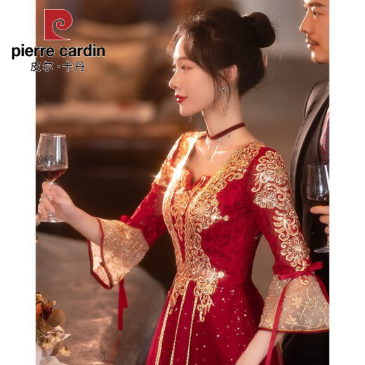 
Pier Cardin toasting suit Bride 2025 new summer burgundy Chinese long-sleeved wedding engagement dress for women burgundy medium-length [684] 2XL
