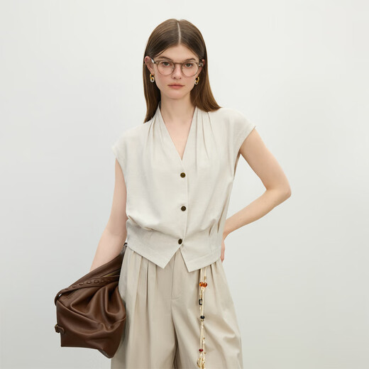 Fan Silan's temperament old money style hemp natural color casual shirt women's 2025 summer new style waistcoat v-neck shirt 2390 hemp natural color M
