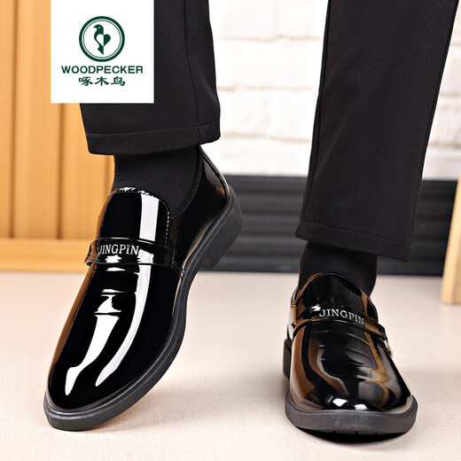 Woodpecker processing large size men's patent leather shoes men's formal British pointed toe men's leather shoes 686 black 43
