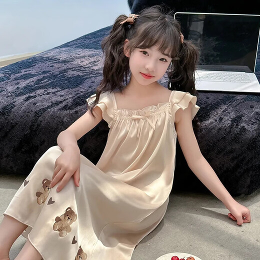 莫代尔女童吊带睡裙冰丝小女孩夏季新款薄款中大童空调服儿童家居连衣裙 869 杏色卷边吊带小熊睡衣 160 cm 建议150-160cm10-12岁