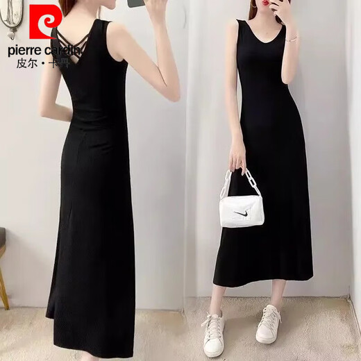Pierre Cardin Modal Fabric 2025 Sommer Neues schöner Rücken Schlankes Temperament Schlanker Kleid Lange französische Hosenträger Rock Frauen 3880# Black 2xl Empfohlen [116-130jin [Jin gleich 0,5 kg]] zu kaufen