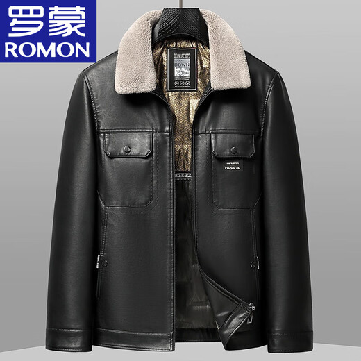 ROMON leather down men's 2026 autumn and winter new thickened warm leather jacket removable fur collar leather jacket men's jacket black 2XL reference around 140-155