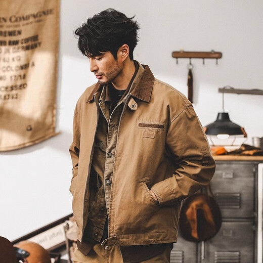 Jay Leno American Retro Detroit Jacket Men's Autumn Trendy Brand Tough Guy Workwear Ami Khaki Vintage Jacket Men's Spring and Autumn Style Khaki Cotton 100% M Suitable for 115-130 Jin Jin equals 0.5 kg
