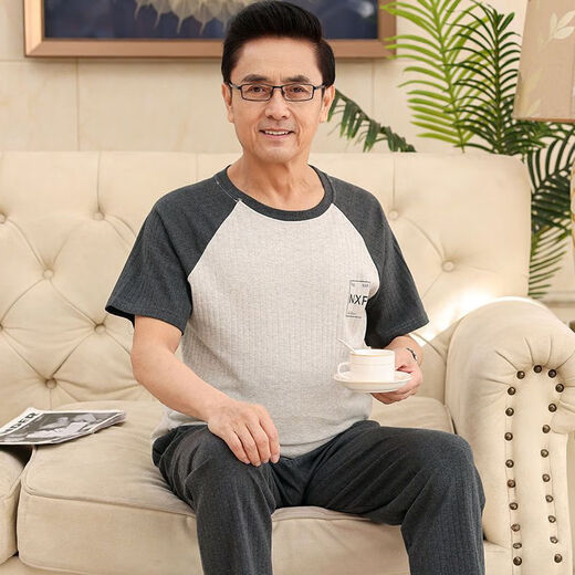 啄木鸟（TUCANO）棉质夏季短袖长裤男士睡衣中年爸爸套头休闲套装老年人薄款家居服 NXF9711 XL 码(建议140-160d