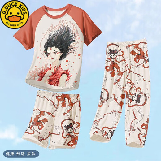 G.DUCKKIDS小黄鸭睡衣夏季2025新款男童短袖短裤儿童卡通哪咤敖丙男孩家居服 12353#三件套 170 14码【身高125-135CM体重60