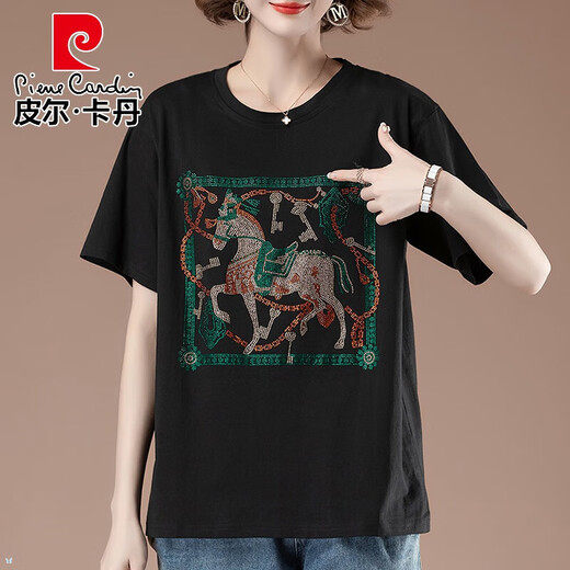 皮尔卡丹（pierre cardin）胖肥显瘦短袖T恤女士夏季大码宽松百搭烫钻中年妈妈时尚薄款上衣 白色【9896款】 L 100-115斤