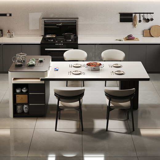 Xinyi modern simple light luxury style slate island dining table household one-piece retractable multi-functional island solid wood dining table retractable island (including cabinet) + horn chair*6 1.6m (orbital socket) double hole tea stove