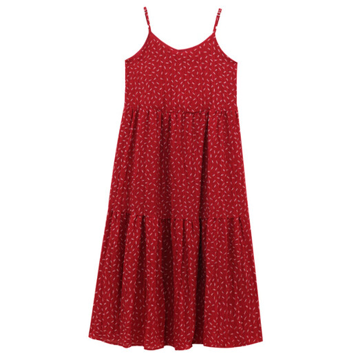 沐霓复古碎花红色吊带连衣裙女夏季2025新款度假海边沙滩显瘦气质长裙 碎花吊带连衣裙红色M 85-100斤