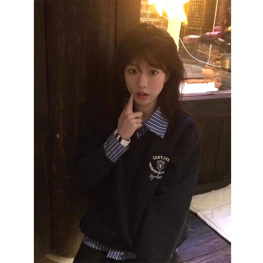 LDBE splicing shirt fake two-piece sweatshirt for women spring and autumn thin college style loose lazy hooded top design trendy navy blue (spring and autumn thin) M 95-110Jin Jin equals 0.5 kg