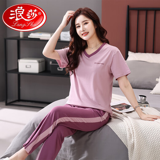 Langsha Pajamas Coton féminin pur pantalon à manches courtes Summer 2025 NOUVELLE CENSEMENT HOME SET CASSORAD, confortable et simple, peut être porté à l'extérieur de la poudre de pâte de haricot 7374 2xl 140-160jin [Jin est égal à 0,5 kg]
