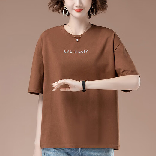 宾雍高质量加肥加大码夏季新款宽松刺绣短袖t恤女中年妈妈休闲棉质上 9892咖啡 L 100-115斤