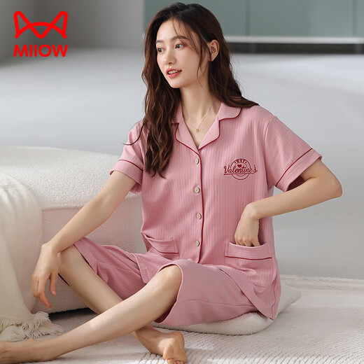 Cat man (MiiOW) pajamas for women in summer short-sleeved cropped pants cardigan cotton lapel loose large size casual home clothing set can be worn outside NX9893 M women