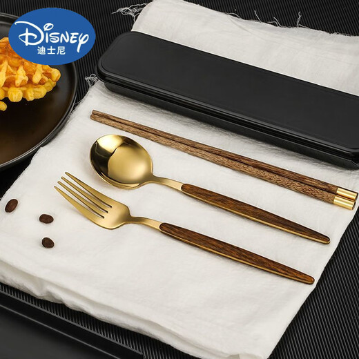 
Disney Student Portable Tableware Set Stainless Steel Chopsticks Spoon Fork Three-Piece Set Office Worker Travel Tableware Storage Box [Gold] Spoon + Chopsticks + Box