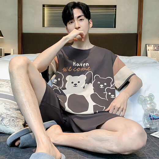 Langsha (Langsha) Pajamas para hombres de verano Algodón puro caricatura de manga corta adolescente para hombres de verano de gran tamaño para el hogar