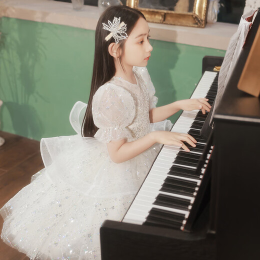 CamalgOri女童花童礼服女婚礼公主裙高端钢琴演奏小孩花生日蓬蓬纱演出服装 白色礼服+金色手工皇冠(秒发 110 (标准码数-勿贪大)