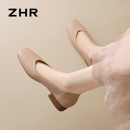 ZHR平底单鞋女气质方头通勤风豆豆女鞋舒适轻便百搭一脚蹬AH677 杏35