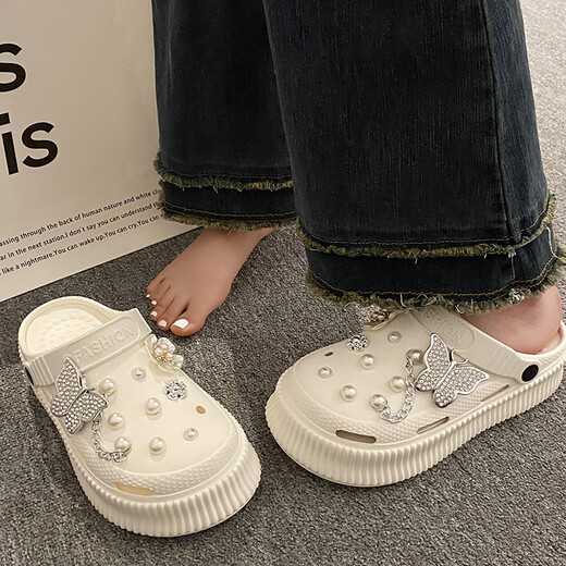 Réduisez mignon Chaussures de trous de papillon de dessin animé pour femmes avec une merde épaisse se sent sandales blanc laiteux [9905] Crystal papillon 38 Taille 39 [Convient pour 37-38 pieds]