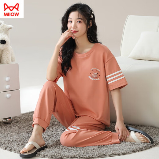 猫人（MiiOW）纯棉睡衣女短袖长裤夏季韩版女士圆领套装薄款全棉外穿家居服 RN9712#短袖长裤纯棉 M (80-100斤)