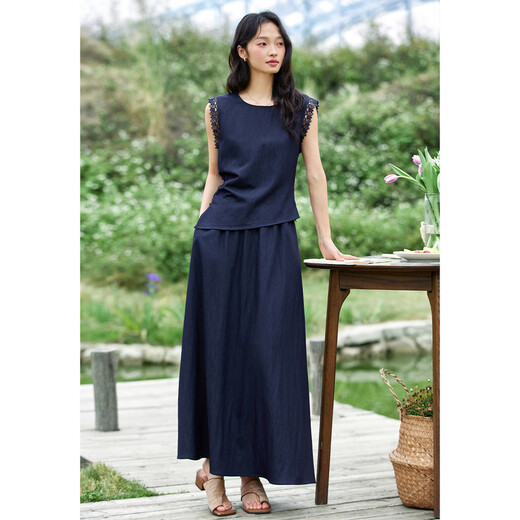 Van Ximan Temperament Einfacher Designanzug Rock für Frauen 2025 Sommer neuer ärmelloser oberer Rock zweiteiliger Set M9882 Universe Dark Blue XL