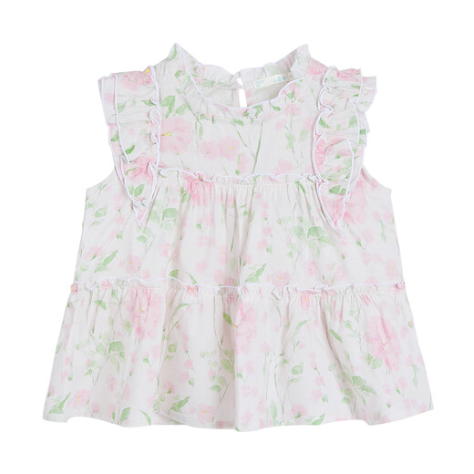 Inman girls' pure cotton breathable shirt with flying sleeves summer new medium and large children's short-sleeved top with ruffle decoration pink flower 140