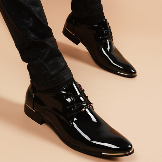 NEWMDER International Brand Luxury Men's Leather Shoes Men's Pointed Toe Bright Leather Business Casual Formal Breathable Inner Height Leather Shoes High-end Black Inner Height (Ready Stock) 41