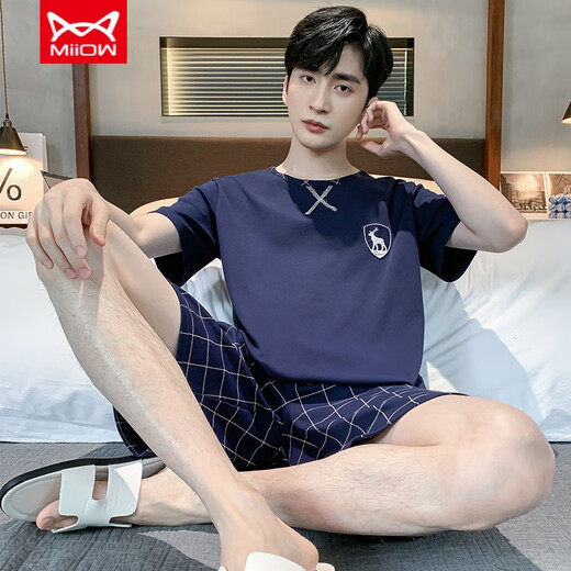 猫人（MiiOW）男士睡衣夏季短袖短裤纯棉质青少年简约男夏背心大码中 9929 L 男士(适合95-120斤)