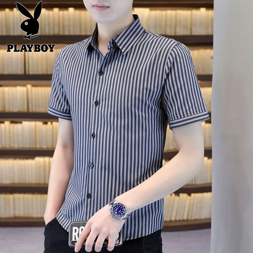 花花公子（PLAYBOY）条纹衬衫男短袖2025夏季新款潮流百搭男装上衣薄款透气半袖衬衣男 HS-826灰色 M 90-102斤