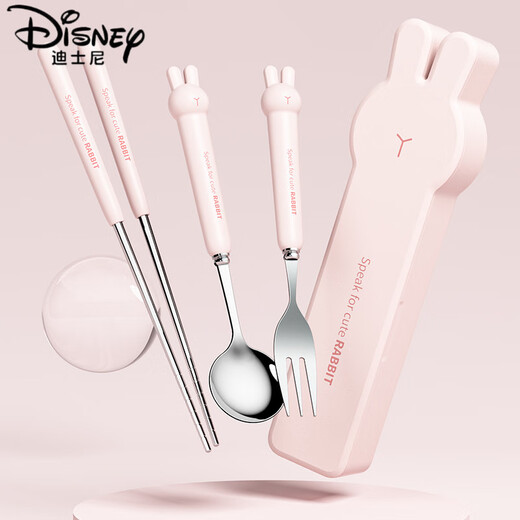 迪士尼（Disney）筷子勺子套装便携餐具收纳盒三件套小学生儿童上学一人专用单人装 304钢白色套装【勺+筷+盒】3件套