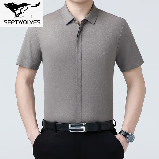 Seven Wolf Mulberry Silk Short Sleeve Shirt Men's Summer New Casual Business No Ironing Shirt Middle-aged Lapel Thin Half-Sleeve Top 6913 Gray Green L 175/115