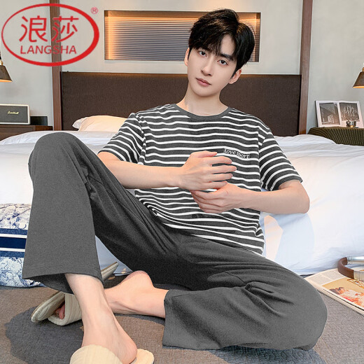 浪莎（LangSha）睡衣男士夏季纯棉短袖长裤薄款休闲条纹可外穿家居服套装 Y9207 93015 L 【建议100-130斤穿】