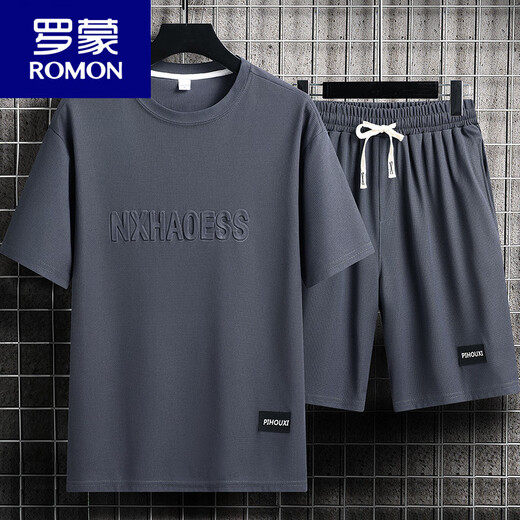 ROMON Lässiger Sportanzug für Herren, Sommer, trendiges Eisseiden-T-Shirt, dünne Shorts, große, kurzärmelige, hübsche, passende zweiteilige Anzug-TZ829 Khaki-Oberteil + Hose M empfohlen 90-110Jin Jin entspricht 0,5 kg