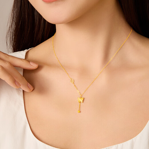 Laofu gold 18K gold gold necklace female butterfly Fu tassel color gold set chain girlfriend birthday Valentine's Day gift about 1.2g