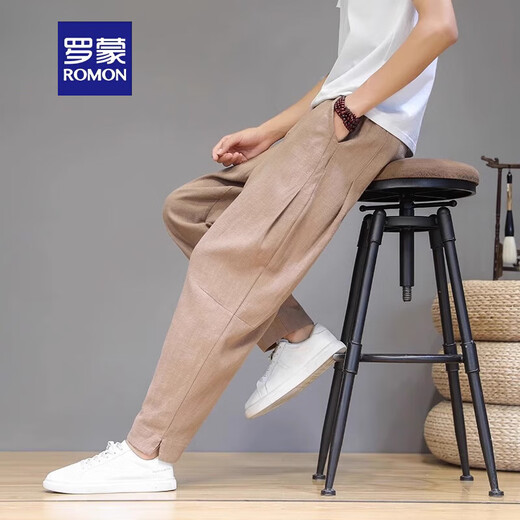 ROMON 2025 Pantalones casuales de lino para hombres sueltos Pantalones de nueve puntos de nueve puntos Pantalones de primavera y otoño Nuevos pantalones largos delgados para hombres K36 M White M Recomendado [90-110Jin [Jin iguala 0.5 kg]]]