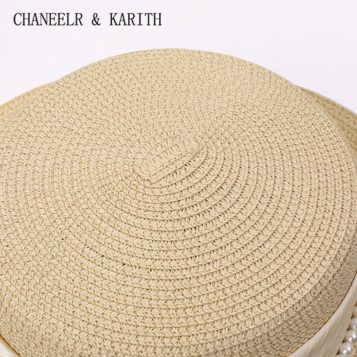 CHANEELR / KARITH top hat sunscreen straw hat women summer flat top versatile elegant pearl straw hat birthday niche gift for girlfriend wife beige
