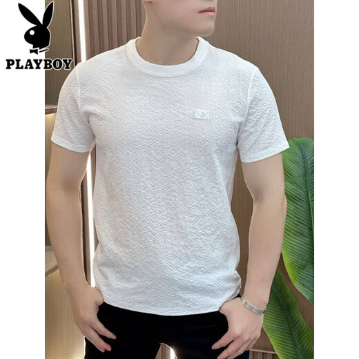 Playboy (Playboy) 2025 Новая мужская футболка с короткими рукавами для летней легкой роскошной универсальной круглой шеи прохладная высококачественная модная модная ледяная рубашка 1105 белая световая текстура M 90-105Jin [Jin равно 0,5 кг]