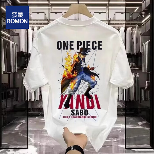 Romon T-Shirt Herren-Japaner One-Stück Animation Print Print kurzärmelige Männer 2025 Sommer mittleren und jungen runden Hals T-Shirt Top C6196-Weiß (220 g) Lange Taille Baumwolle s