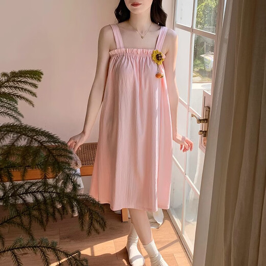 MONTAGUT summer new suspender nightgown for women thin cloud cotton simple sunflower can be worn outside with breast pad sweet dress jdx#9216 pink one size fits all m recommended 75-95Jin Jin is equal to 0.5 kg