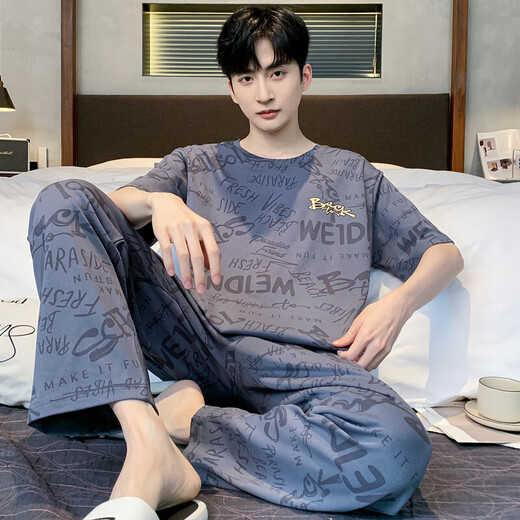 Site officiel [recommandé par la mère centrale] 2025 Pajamas Men's Summer Cotton Coton Coton à manches courtes Pantalons pour les vêtements de maison pour les jeunes pour hommes Y9201 Pantalons à manches courtes 3xl [suggéré 170-190jin [Jin est égal à 0,5 kg] à porter]