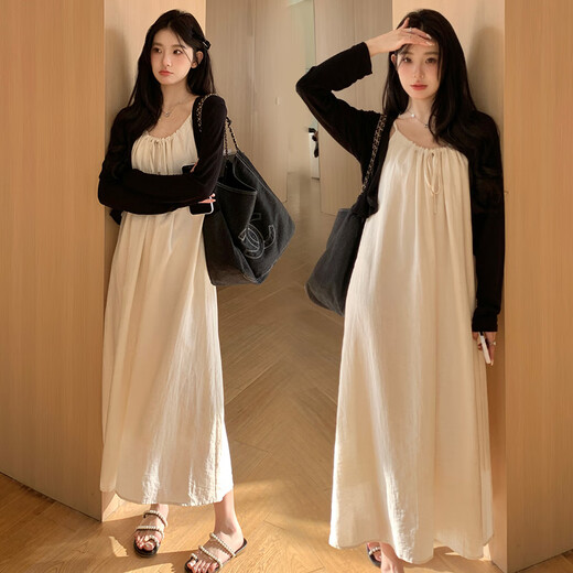 
Jingqi (JOYNCLEON) maternity suit spring and autumn 2025 new fashion loose strap suspender dress sun protection cardigan two-piece suit black cardigan + white apricot suspender skirt Jtz15606 XXL