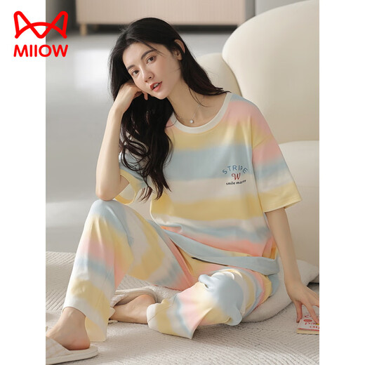 猫人（MiiOW）夏季女士短袖睡衣套装100纯棉长裤家居服全棉可外穿夏天条纹卡通 Y9716 XL (建议115-130斤)