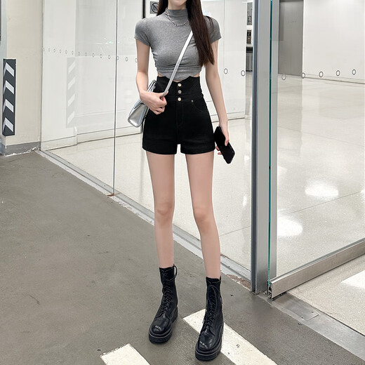 Bu Shuyao High-T-T-T-Shorts für Frauen im Sommer 2025 Neues Stil zum Tragen von A-förmigen Schlagen und Straffing Bauch, um das Bauch heiße Mädchen schwarz heiße Hosen Schwarz zu bedecken, geeignet für 80-95 Jin [Jin entspricht 0,5 kg]