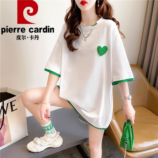 Pierre Cardin Sommer zweiteiliger kurzärmeligter T-Shirt für Frauen mit reinem Baumwoll locker gestickte Top-Design mit mittlerer Länge Trendy großer Größe 1502 weiß bedrucktes Baumwoll 2xl 165-190jin [Jin entspricht 0,5 kg]