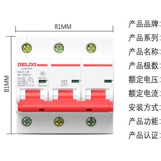 DELIXI air switch DZ47-125 3P 125 3-phase 125A rated current 380V small circuit breaker without leakage protection