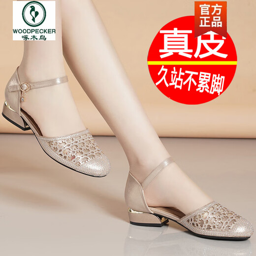 啄木鸟真皮粗跟包头凉鞋女软底时尚妈妈鞋夏季网纱单鞋低跟镂空圆头女鞋 699-8香槟色 39