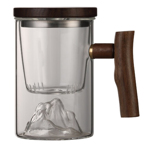 个人专用泡茶杯茶水分离男士带把喝茶水杯玻璃日式观山茶道杯子 9194鸿崖三件杯榉木450ML 200mL(含)-400mL(含)