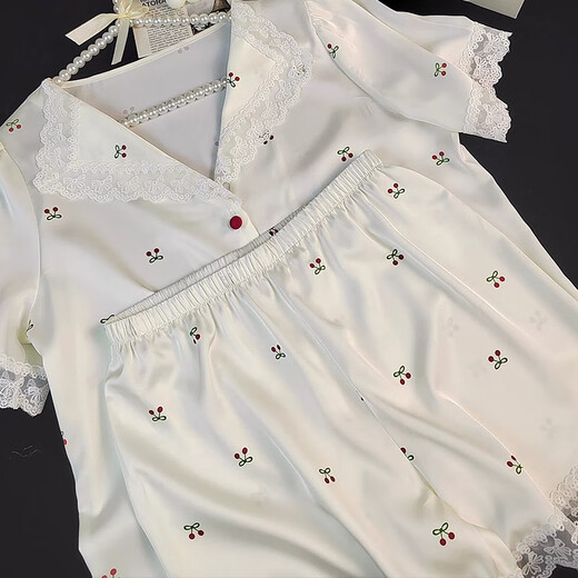 猫人（MiiOW）冰丝睡衣女三件套ins小樱桃蕾丝花边夏季新款短袖甜美少女家居服 LW-9214[短袖短裤] M [建议80-100斤]