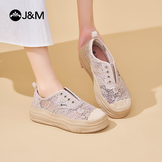 快乐玛丽（J&M）网面鞋女2025夏季新款蕾丝透气厚底乐福鞋一脚蹬休闲通勤帆布鞋女 米白色 38
