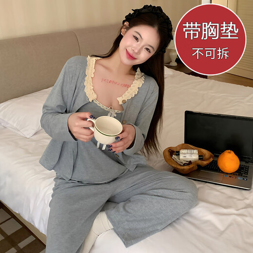 姿伟祺风吊带睡衣女带胸垫三件套春秋长袖长裤蕾丝花边家居服套装 681#粉色 185 XXL建议140-150