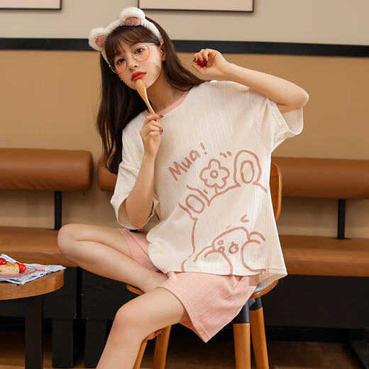 Hui Lie 2025 New Summer Short Sleeve Pajamas Women Cotton Cartoon Cute Sweet Girls Home Clothes Suit Available G6627 M80-100Jin Jin equals 0.5kg One Size